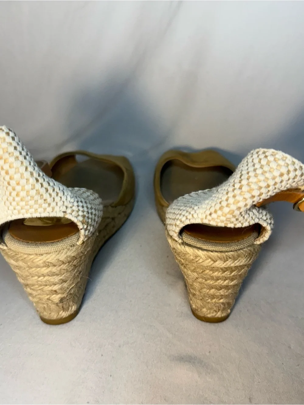 kanna Two-Tone Suede Peep-Toe Wedge Sandals in Tan and Cream